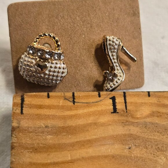Shoe High Heel & Handbag Purse Earrings Stud Cream Colored Enamel Rhinestones - Picture 6 of 6